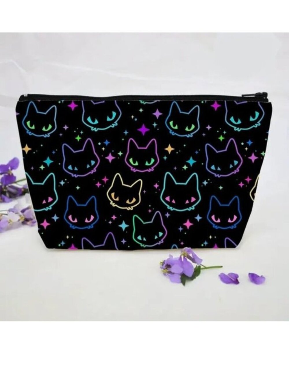 Cat Cosmetic Bag Makeup Kitty Black Light Glow Neon Pouch Travel Storage Trip